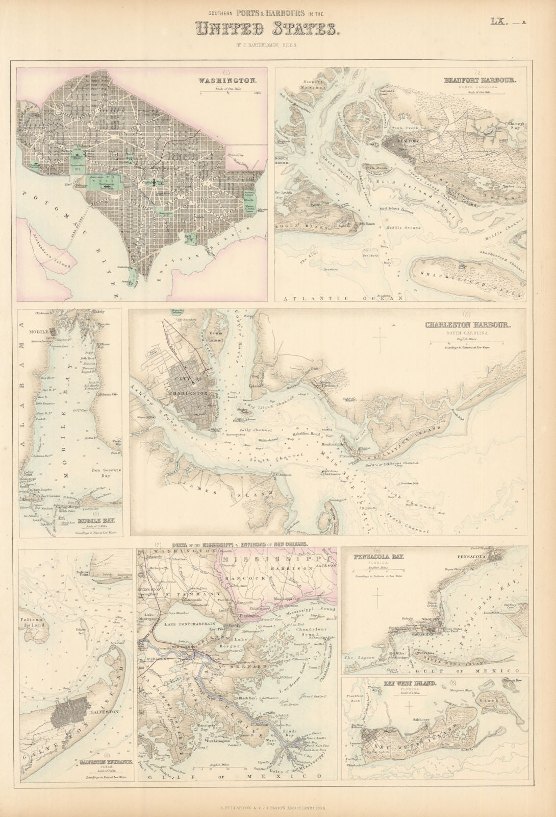 US Southern Ports & Harbours. Washington Beaufort Charleston Key West c1863 map